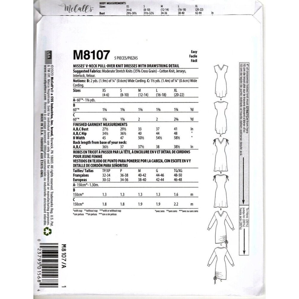 McCall's M8107 Misses XS to XL V-Neck Knit Drawstring Dress Uncut Sewing Pattern - Picture 2 of 2